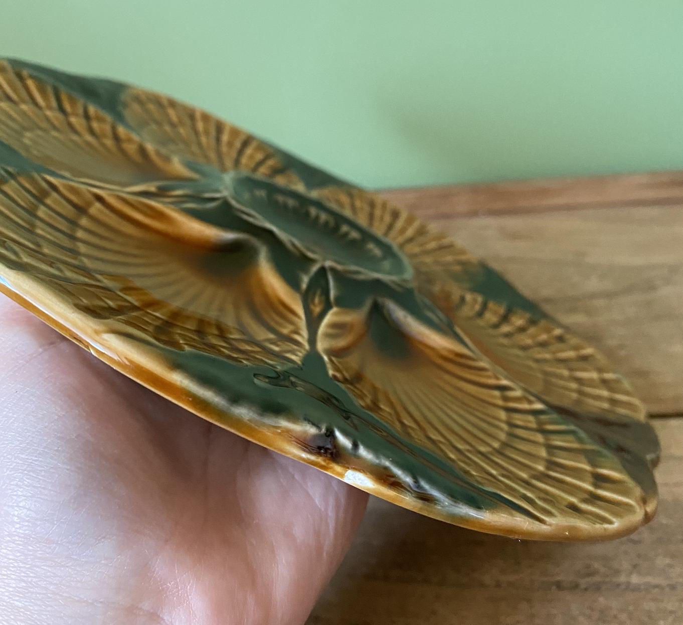 Sarreguemines Barbotine Yellow & Green Scalloped Oyster Plate