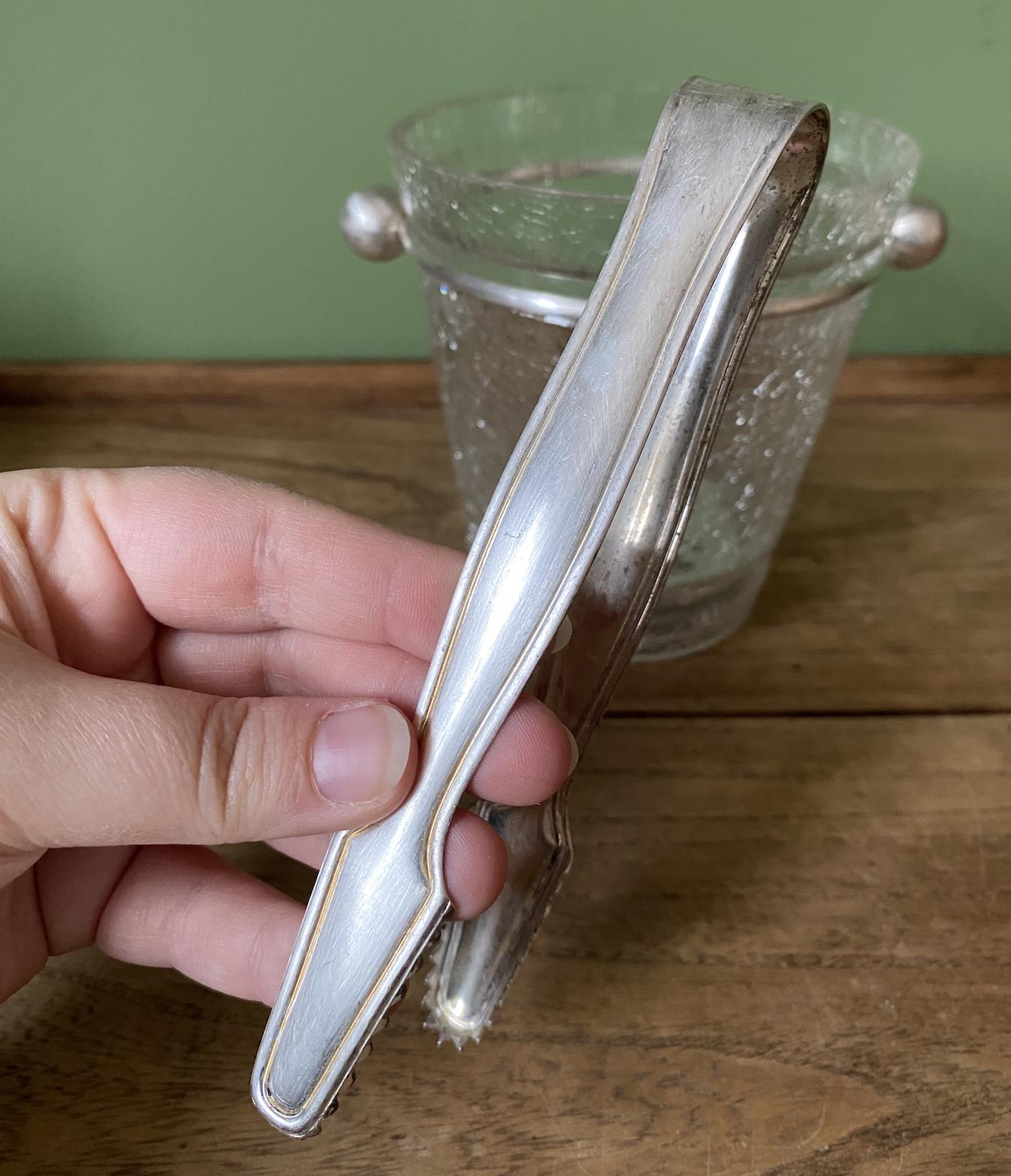 Retro Crackled Glass Ice Bucket with Silver Tongs and base tray