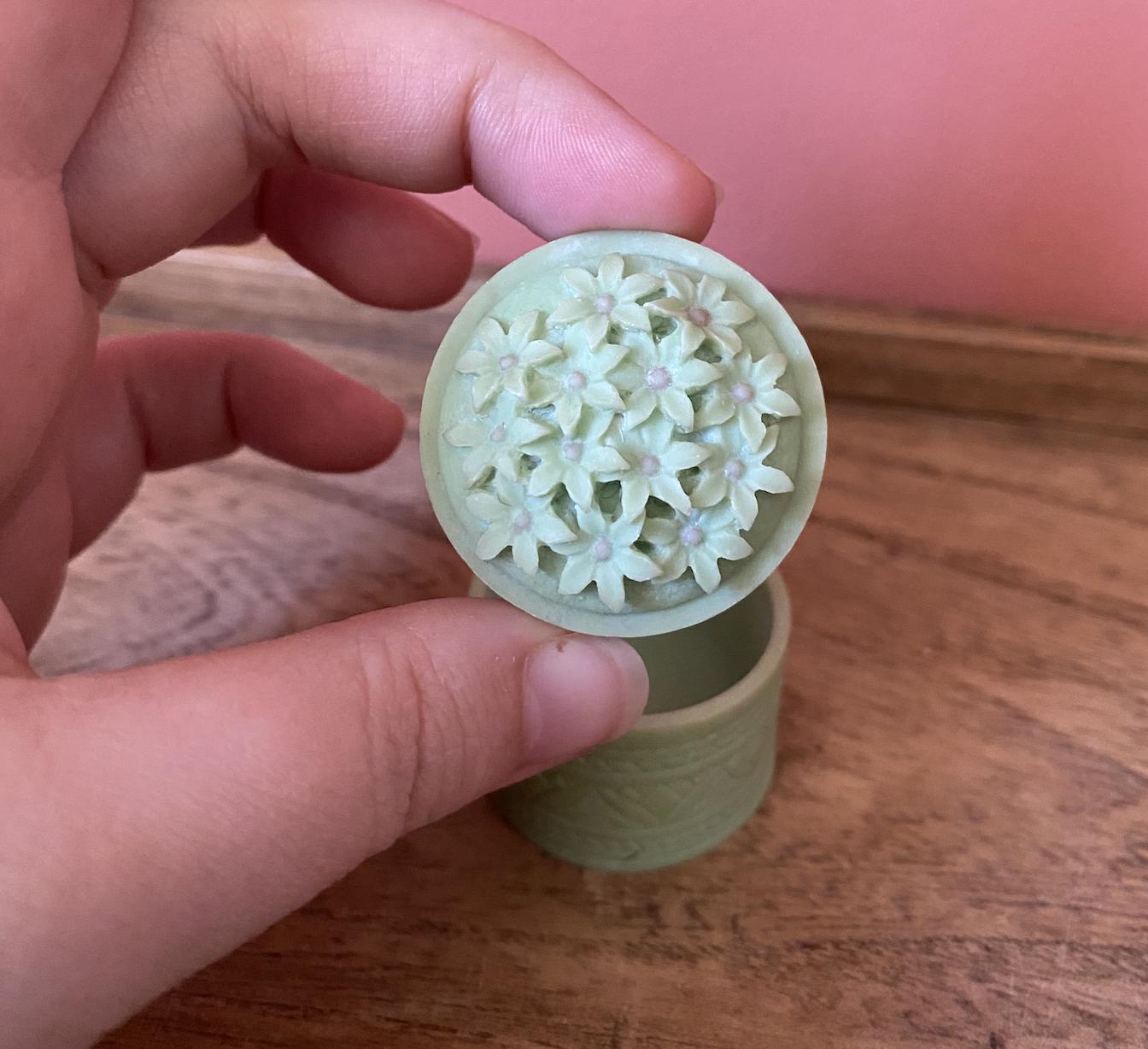 Pale Green Floral Carved Soapstone Miniature Lidded Trinket / Jewellery Box