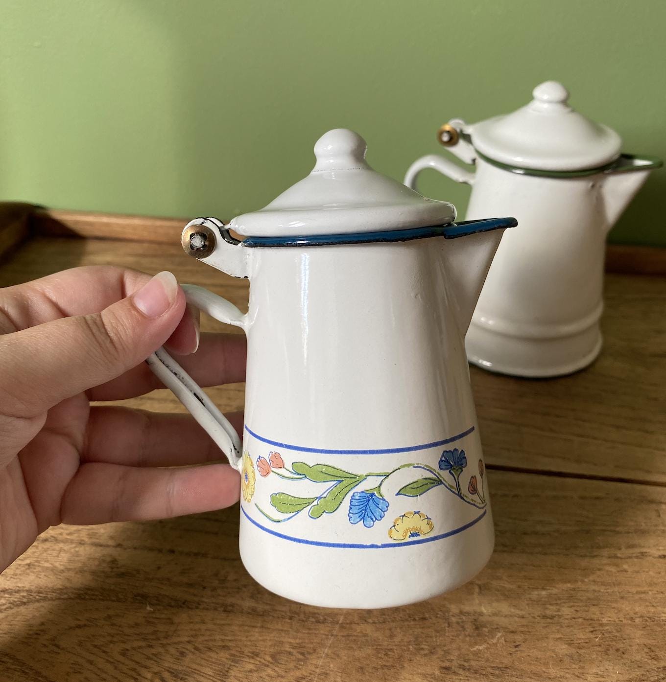 Mini White & Blue Enamel Coffee Pot