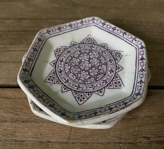 Pair of Ironstone Hexagonal Purple Design Butter Pats
