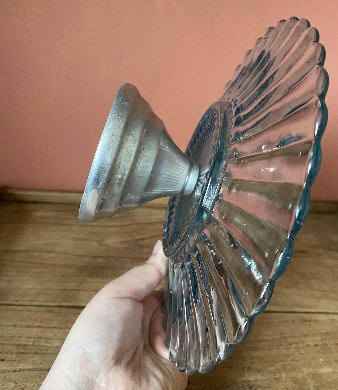 Fluted Blue Glass & Chrome Cake Stand