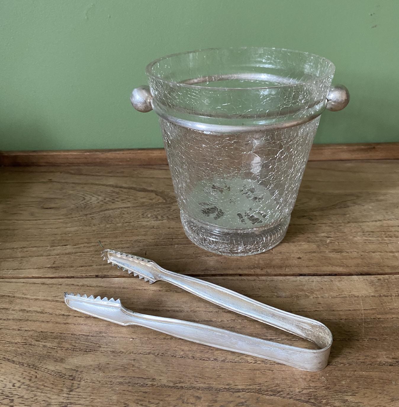 Retro Crackled Glass Ice Bucket with Silver Tongs and base tray