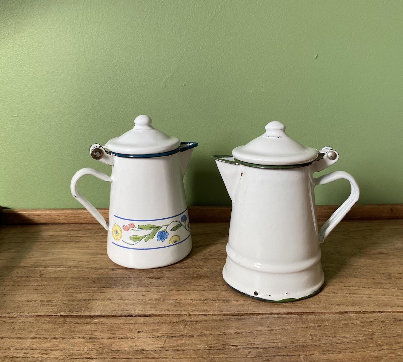 Mini White & Blue Enamel Coffee Pot