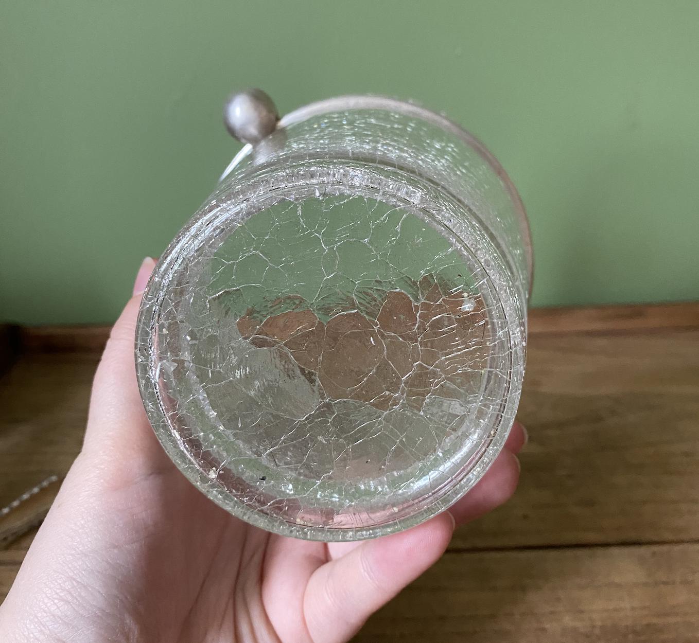 Retro Crackled Glass Ice Bucket with Silver Tongs and base tray