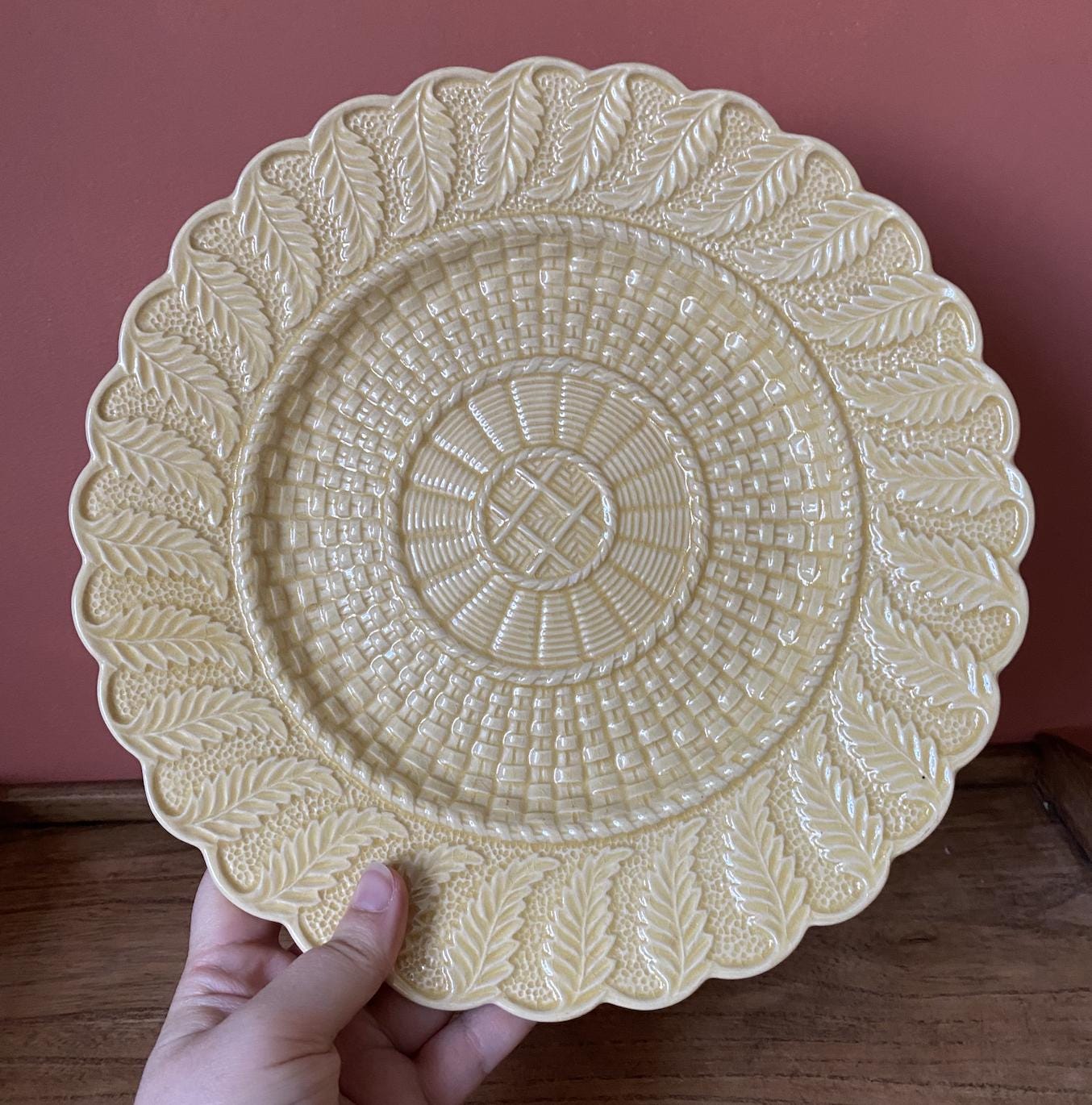 Bordallo Pinheiro Butter Yellow Basket Weave Dinner Plate