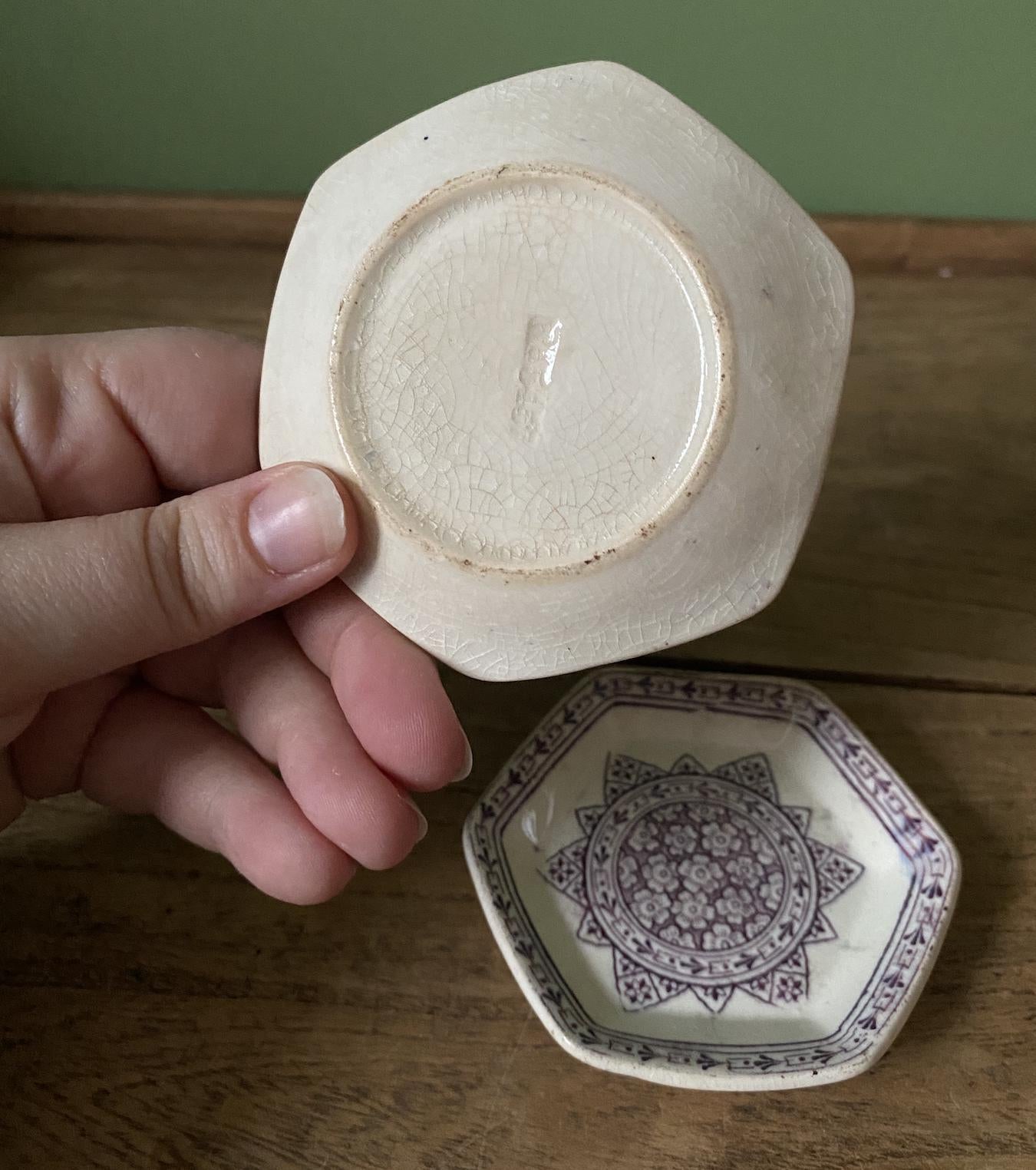 Pair of Ironstone Hexagonal Purple Design Butter Pats