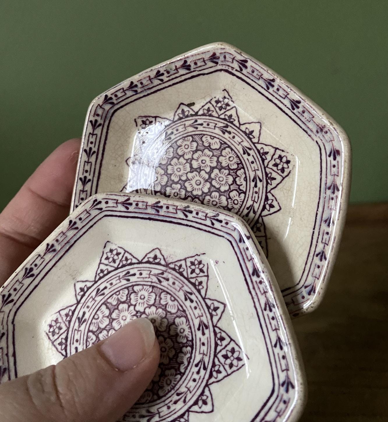 Pair of Ironstone Hexagonal Purple Design Butter Pats