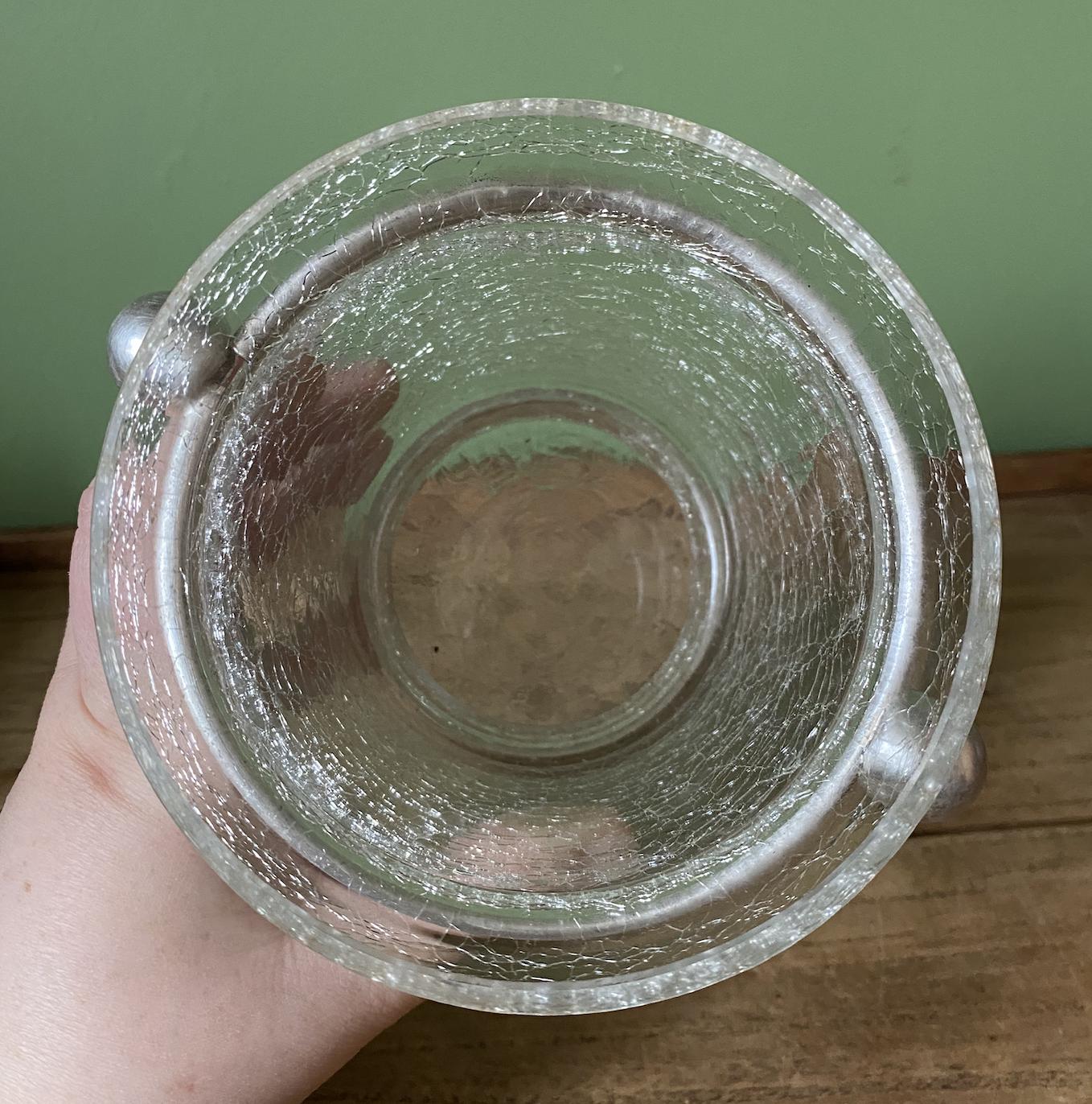 Retro Crackled Glass Ice Bucket with Silver Tongs and base tray