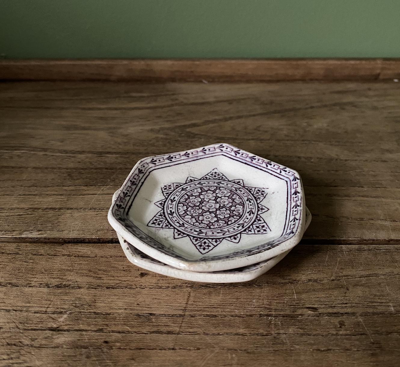 Pair of Ironstone Hexagonal Purple Design Butter Pats