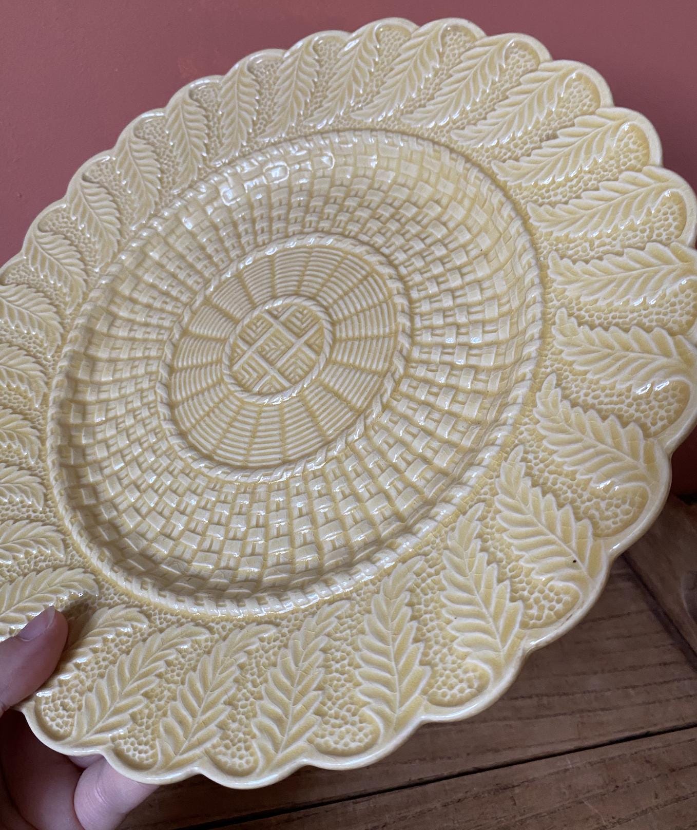 Bordallo Pinheiro Butter Yellow Basket Weave Dinner Plate