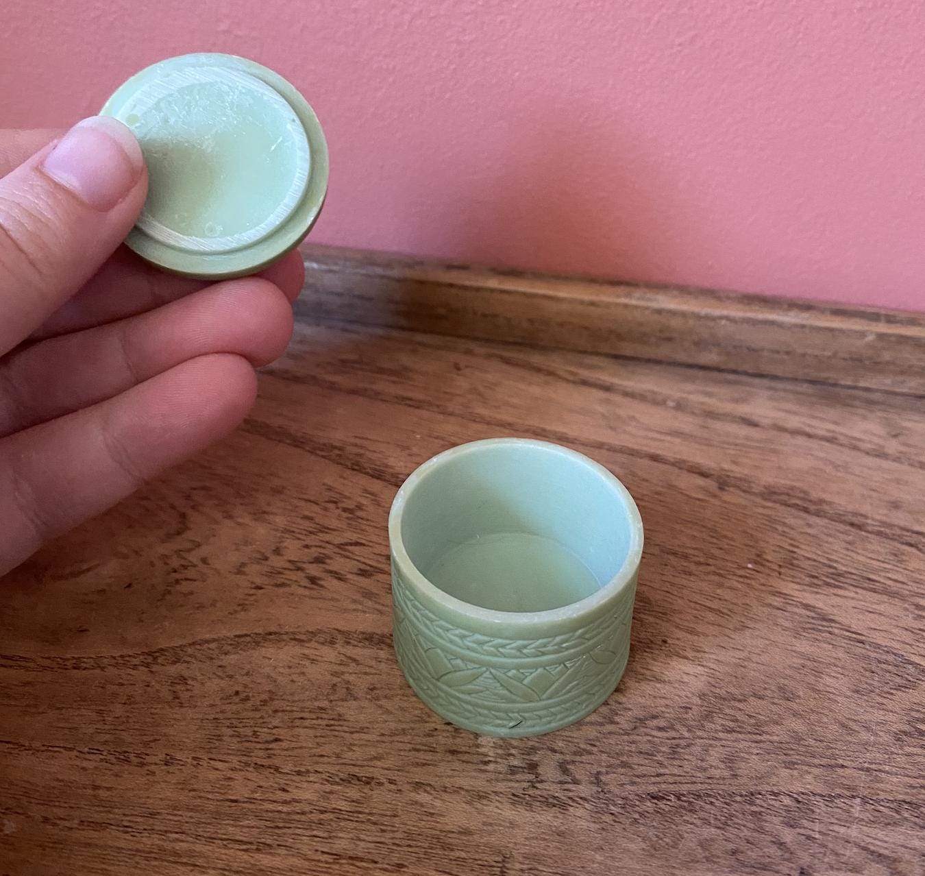 Pale Green Floral Carved Soapstone Miniature Lidded Trinket / Jewellery Box