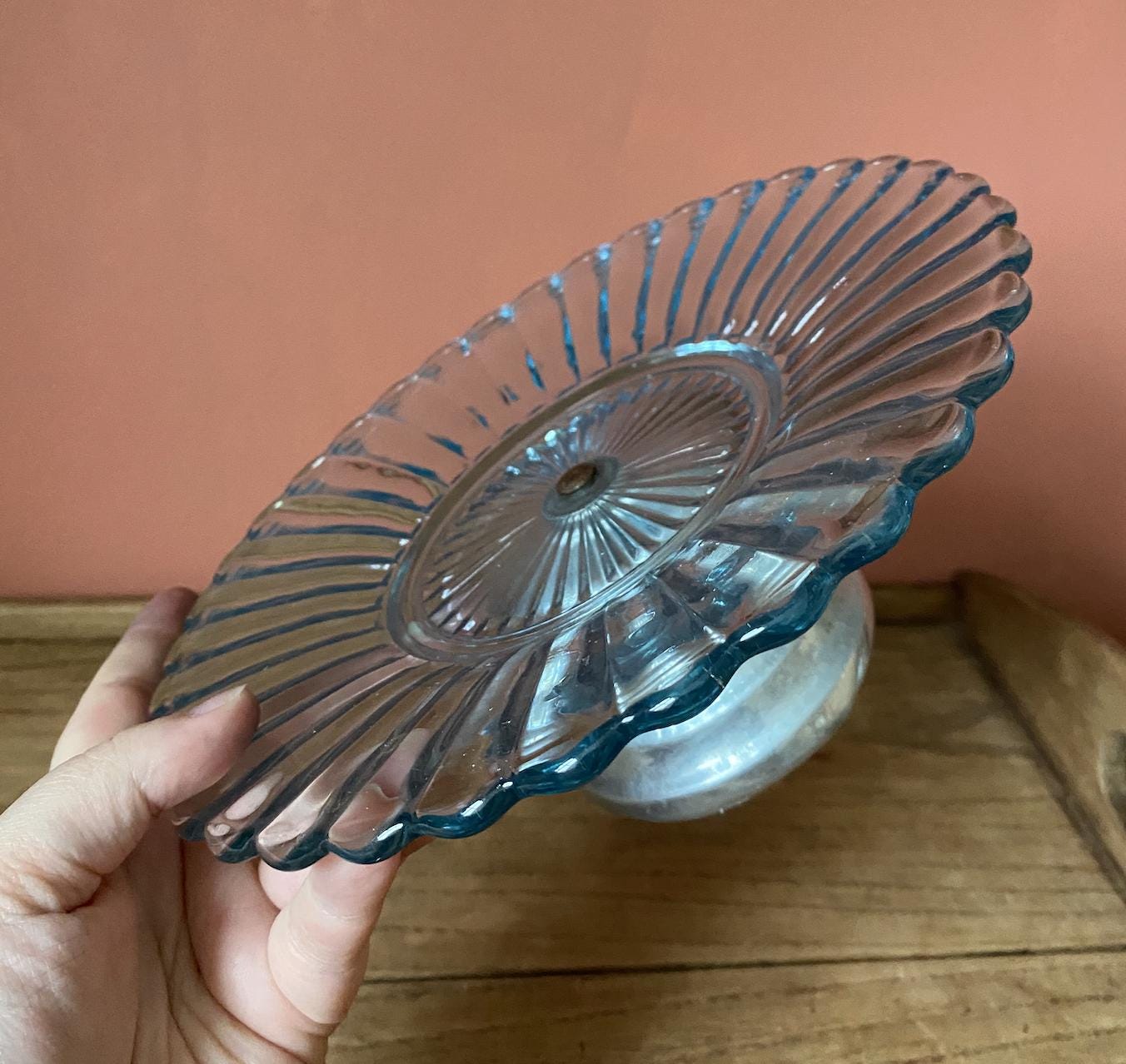 Fluted Blue Glass & Chrome Cake Stand