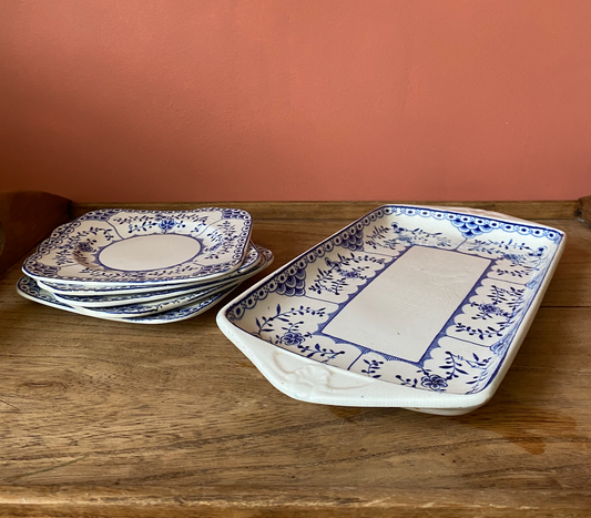 Saxon Staffordshire Blue and White Sandwich Platter - 5 Square Side Plates