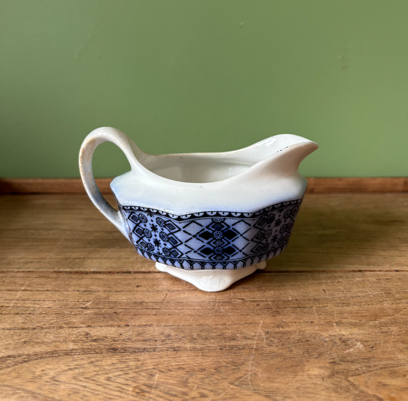 Flanders Lincoln Pottery French Blue & White Sauce Boat