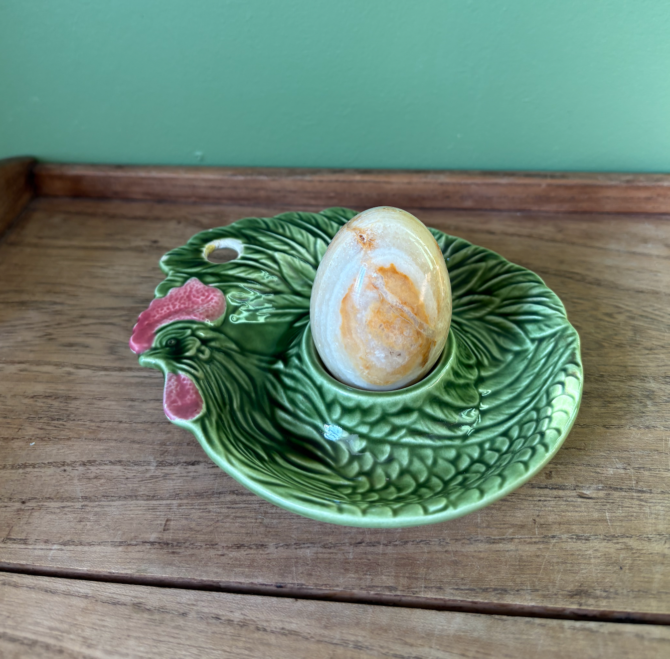 Green Rooster Egg Cup Plate