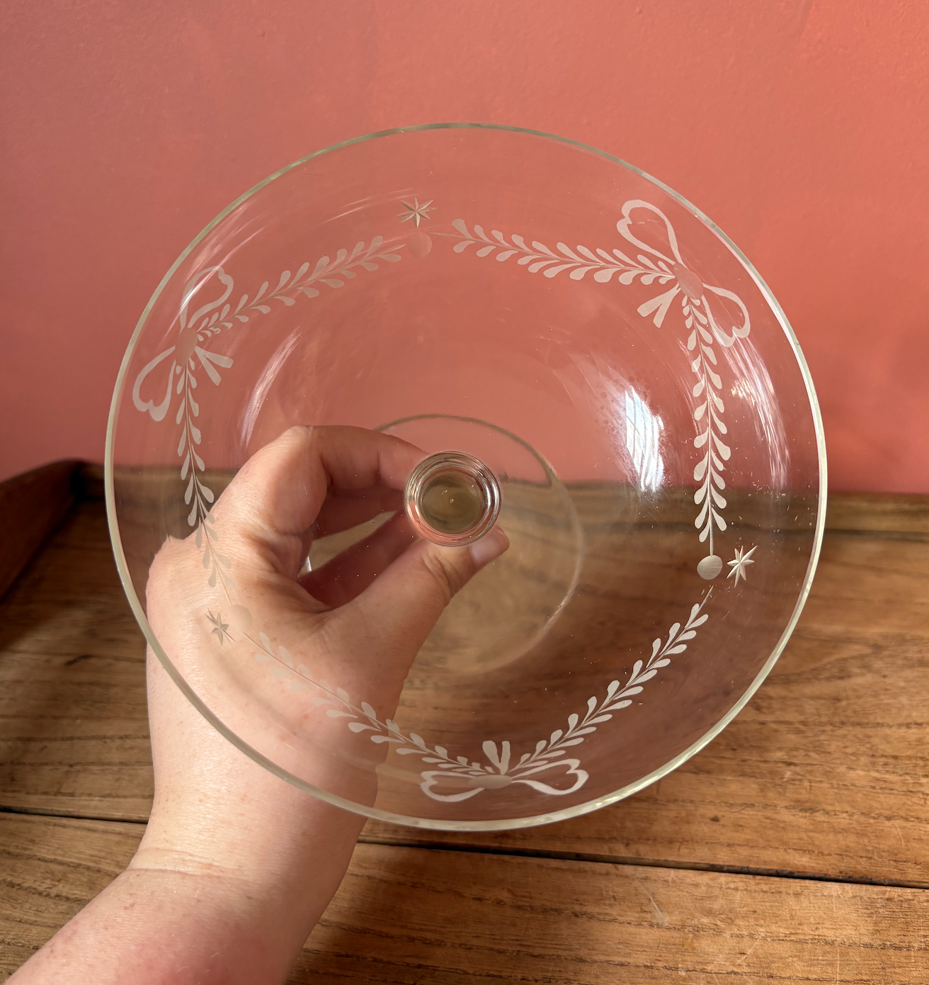 Etched Crystal Bow Pattern Compote Bowl