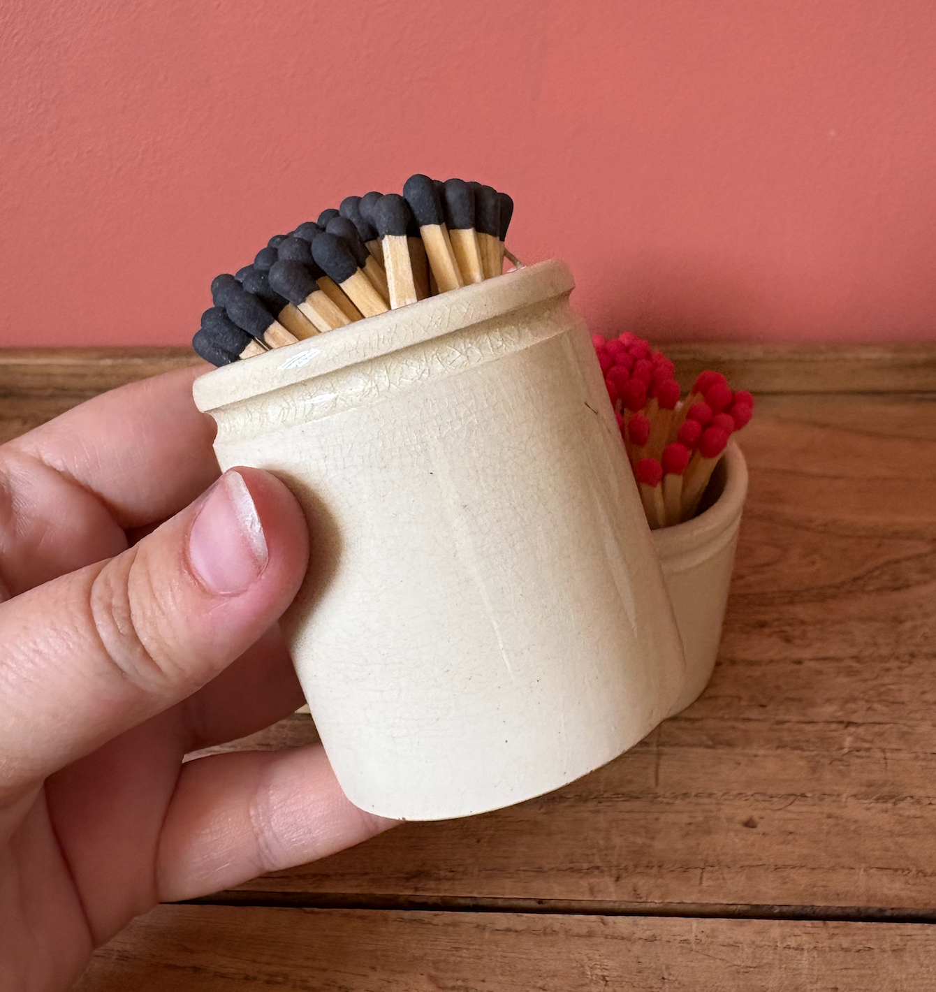 Beige Ceramic Pot with colourful Matches