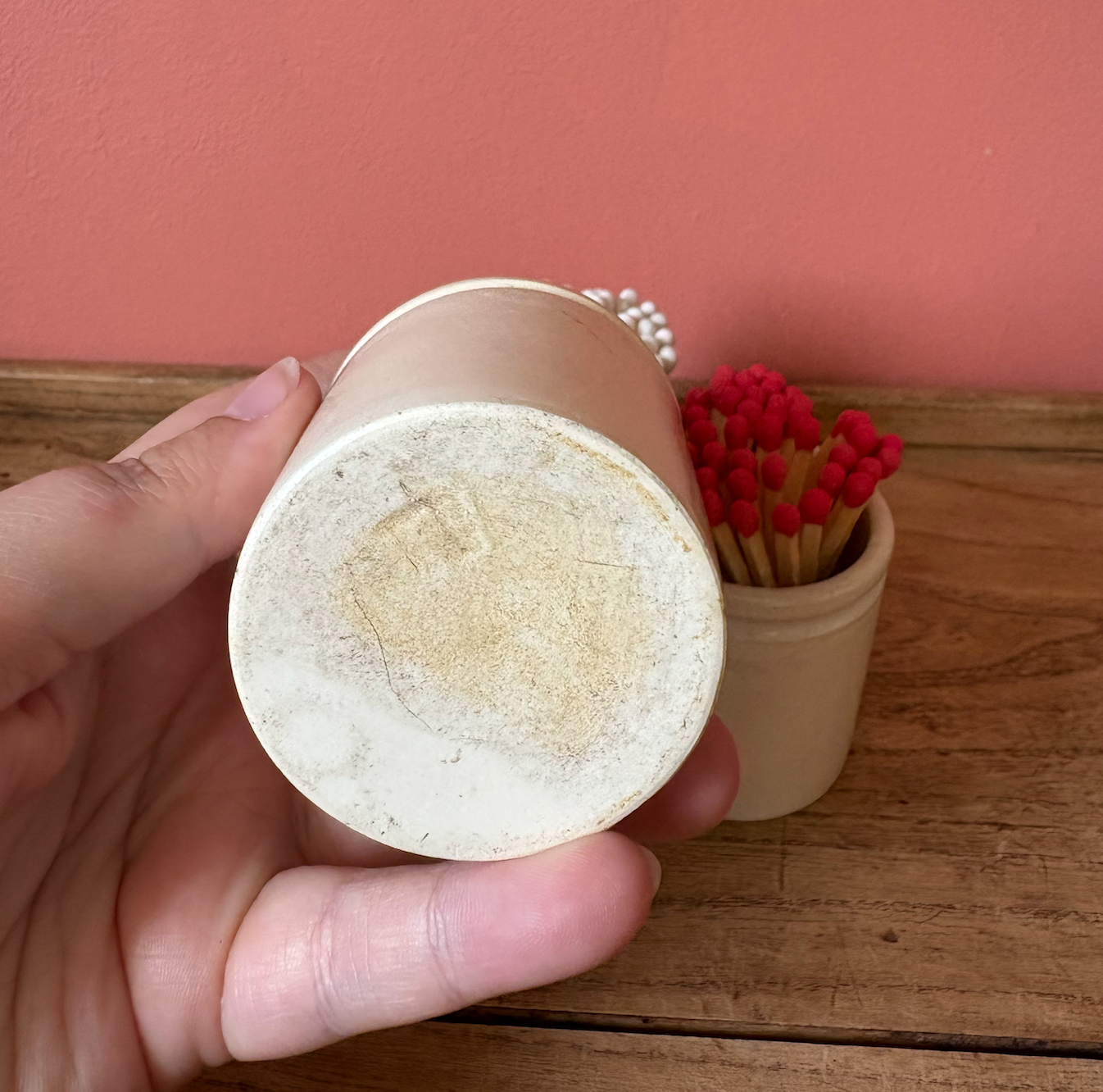 Beige Ceramic Pot with colourful Matches