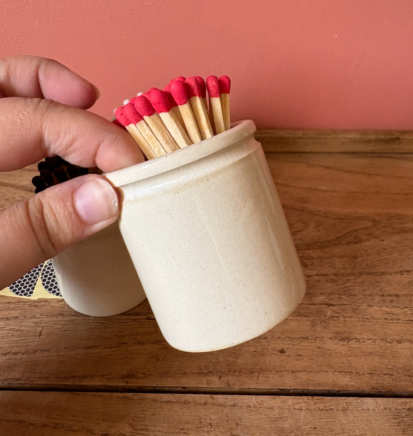 Beige Ceramic Pot with colourful Matches