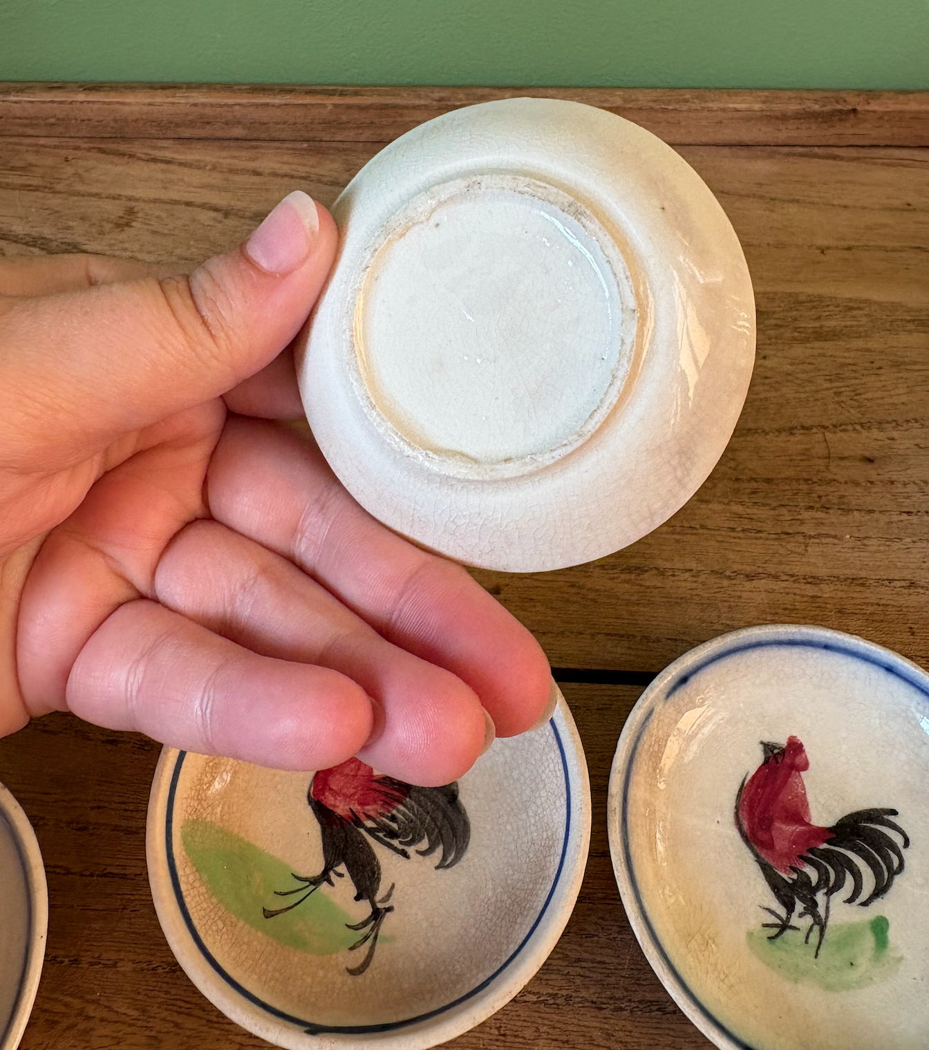 Selection of 6 Hand Painted Rooster Design Butter Pat Dishes