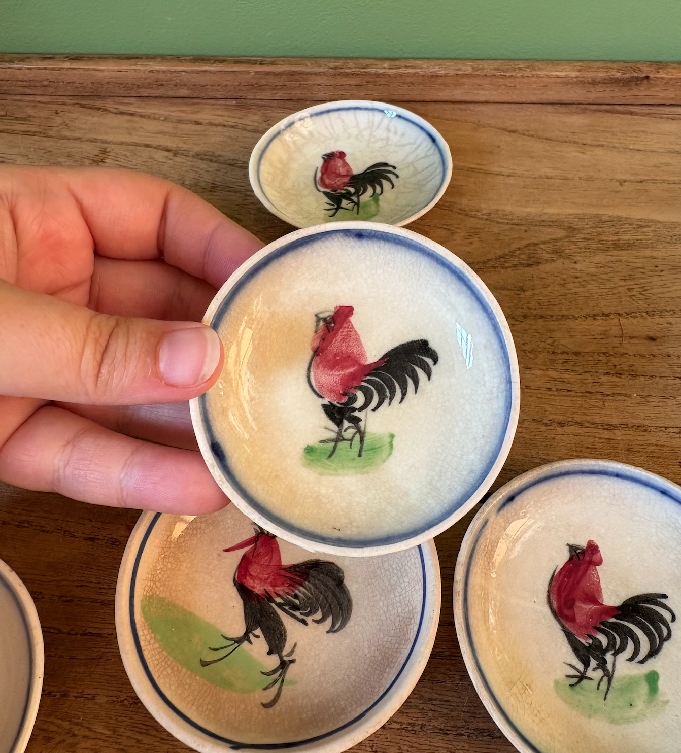 Selection of 6 Hand Painted Rooster Design Butter Pat Dishes