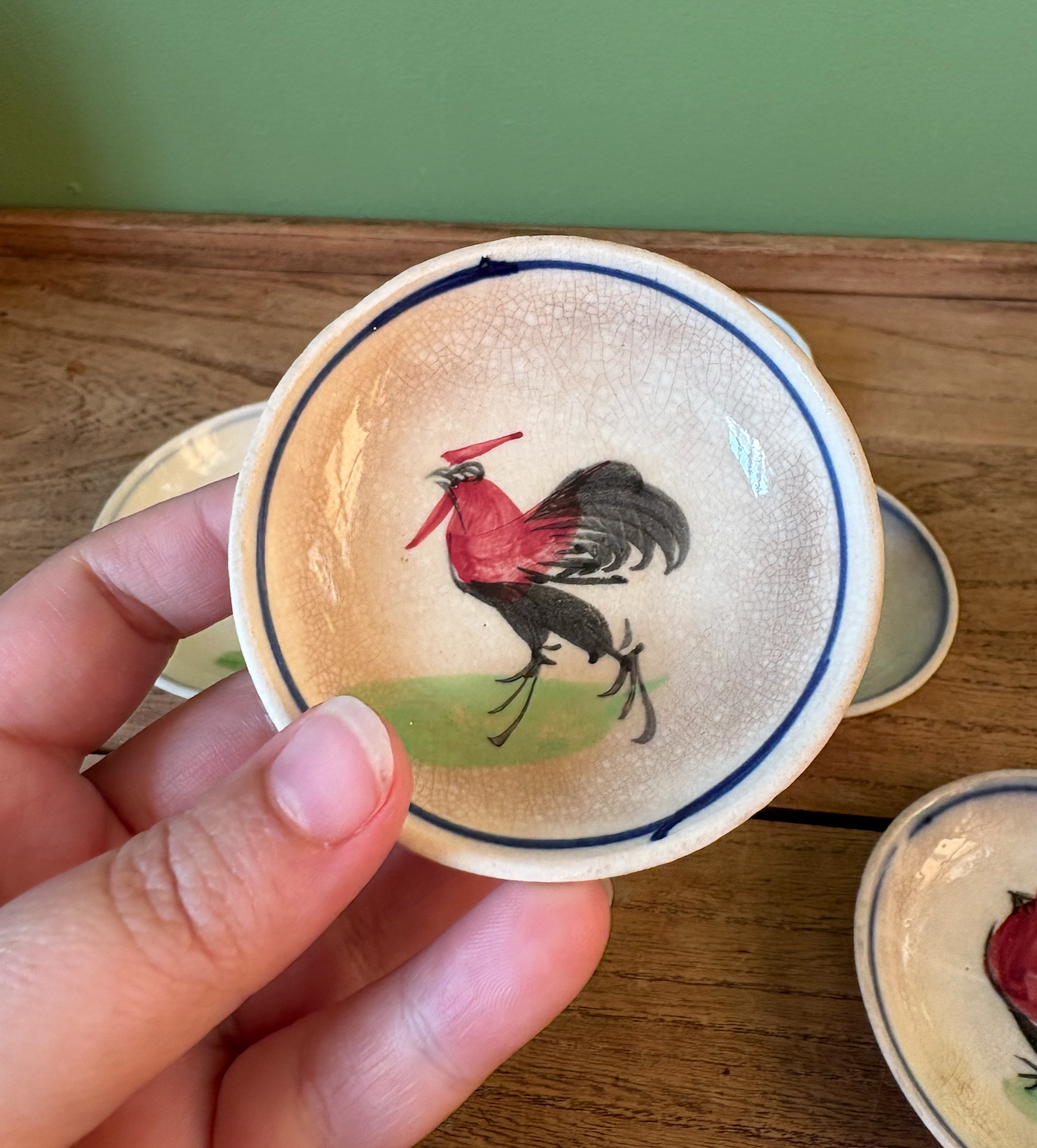 Selection of 6 Hand Painted Rooster Design Butter Pat Dishes