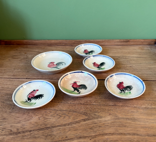 Selection of 6 Hand Painted Rooster Design Butter Pat Dishes