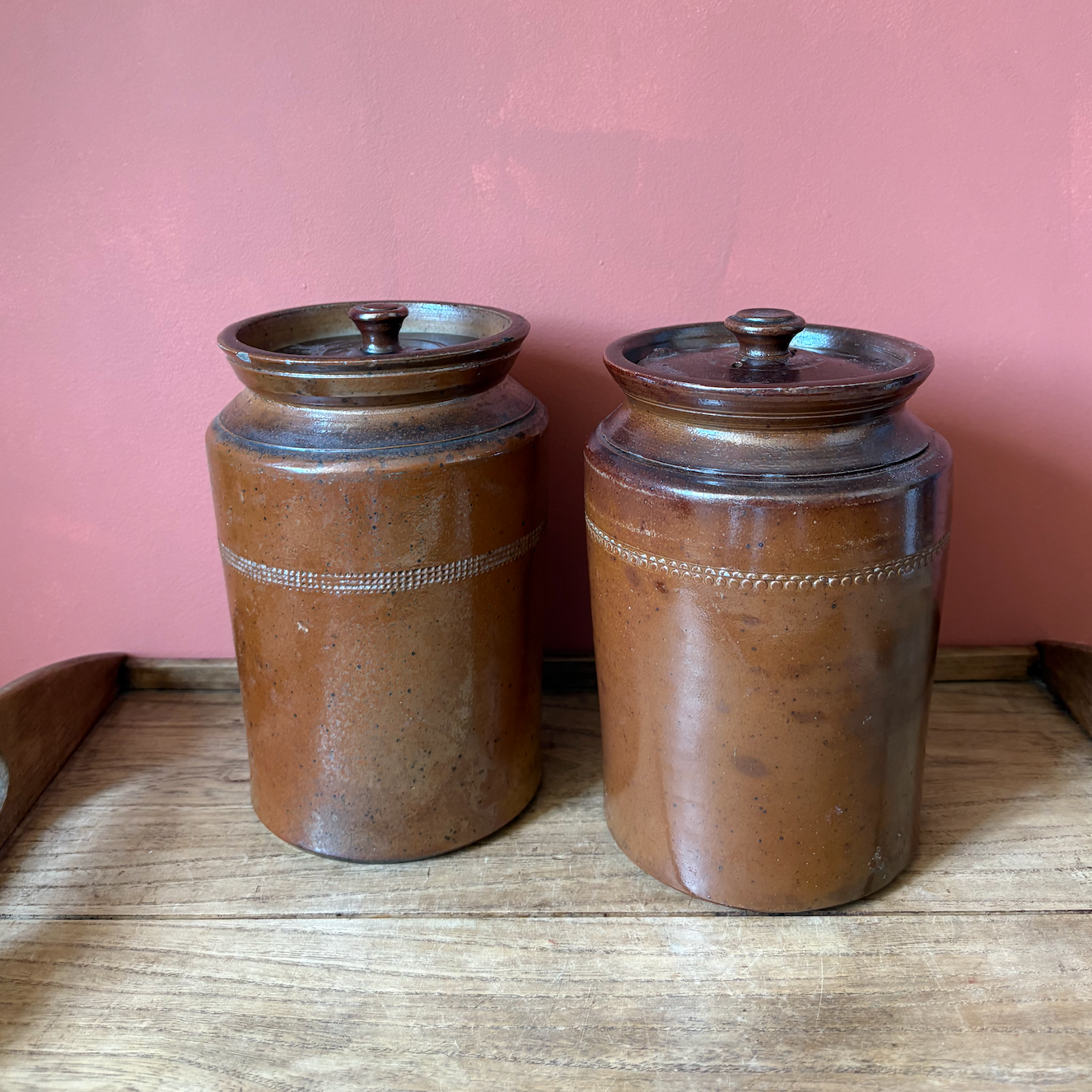 Non Matching Pair of Salt Glaze Lidded Storage Pots