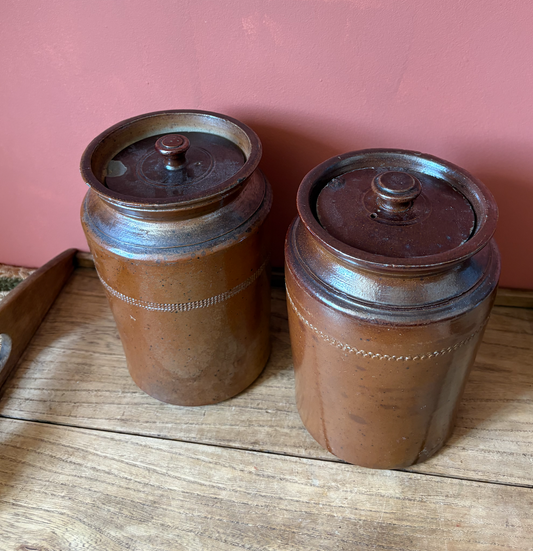 Non Matching Pair of Salt Glaze Lidded Storage Pots