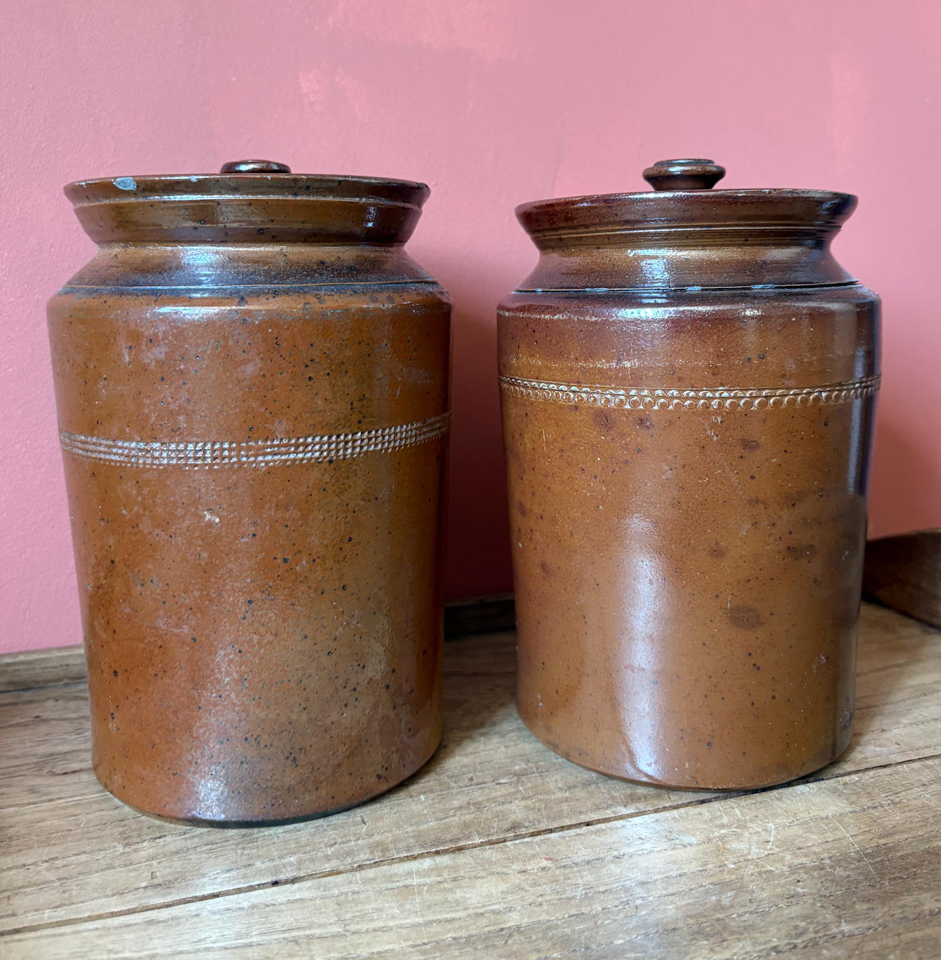 Non Matching Pair of Salt Glaze Lidded Storage Pots