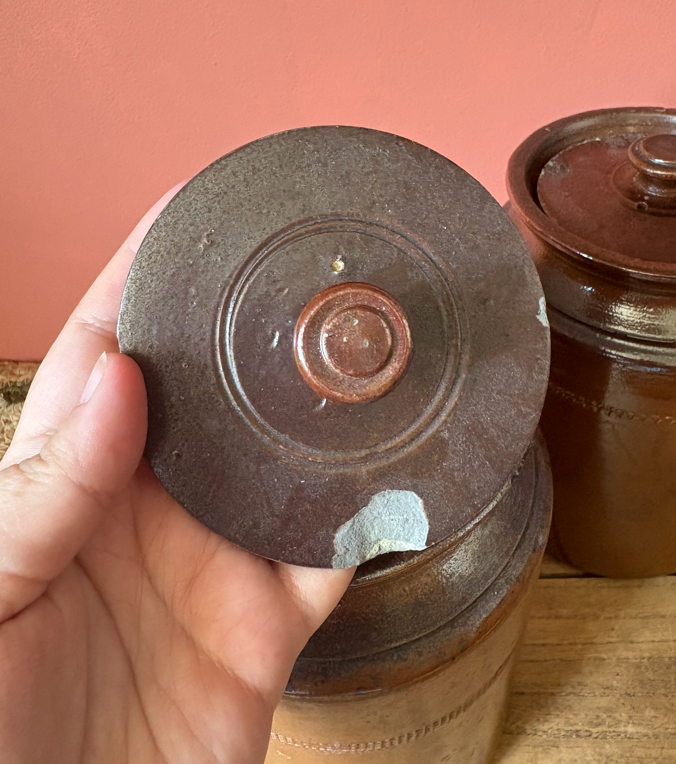 Non Matching Pair of Salt Glaze Lidded Storage Pots