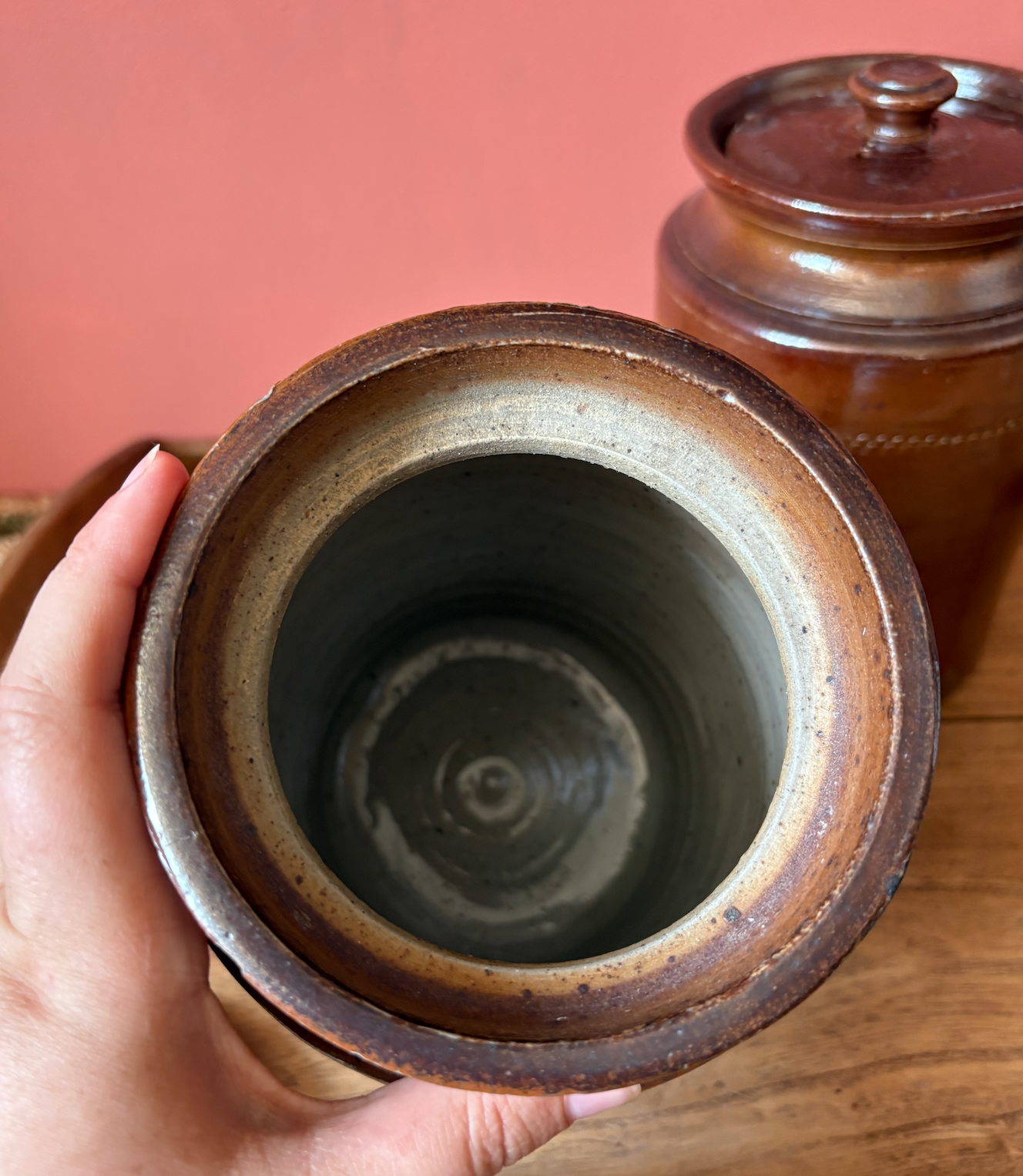 Non Matching Pair of Salt Glaze Lidded Storage Pots