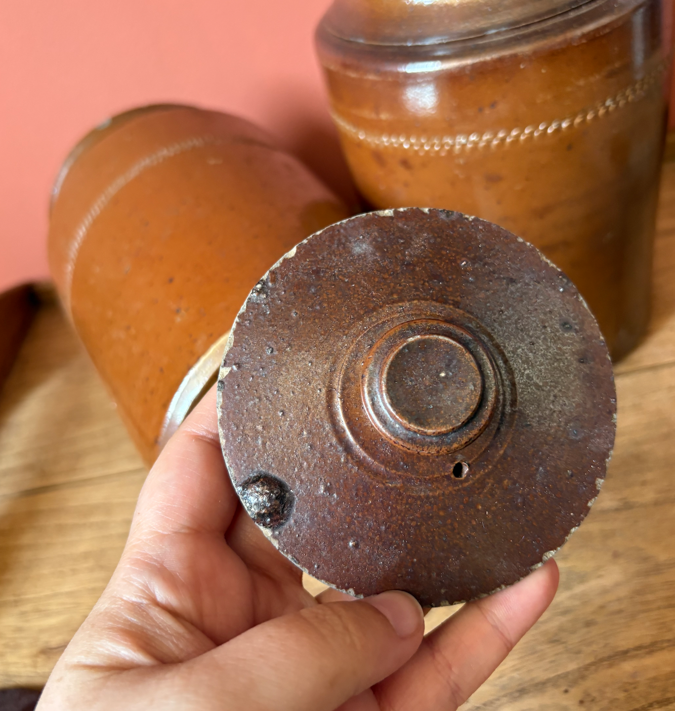 Non Matching Pair of Salt Glaze Lidded Storage Pots
