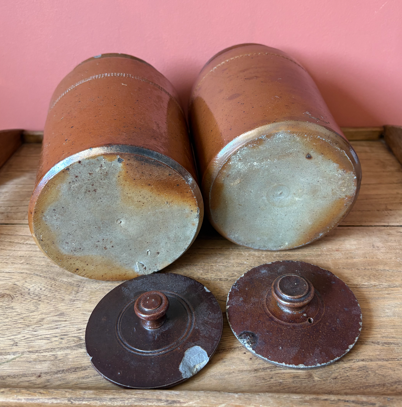 Non Matching Pair of Salt Glaze Lidded Storage Pots
