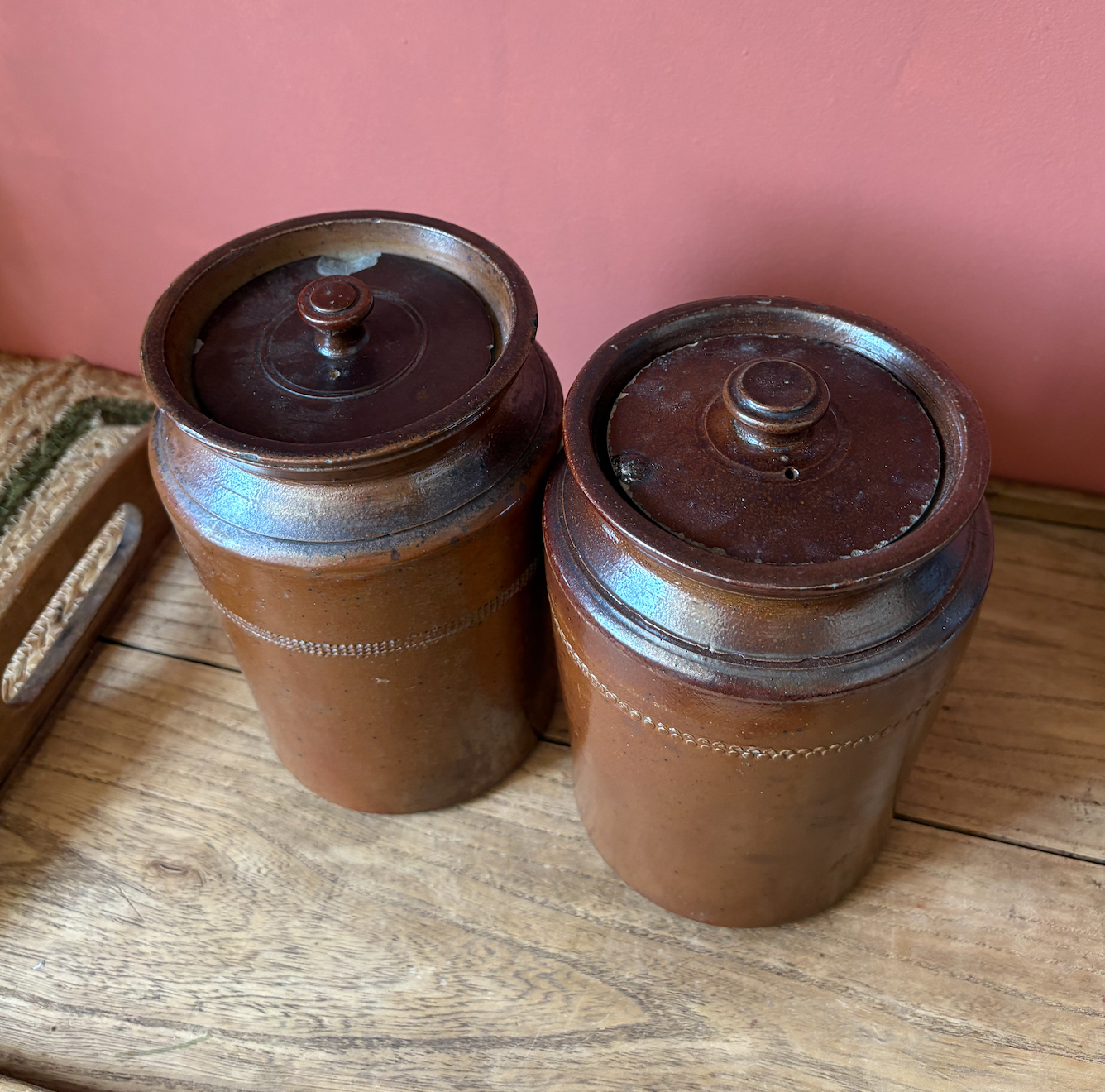Non Matching Pair of Salt Glaze Lidded Storage Pots