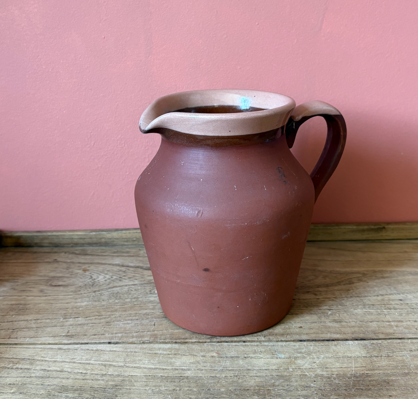 Dark Red Terracotta Jug with Salmon Pink Glazed Rim