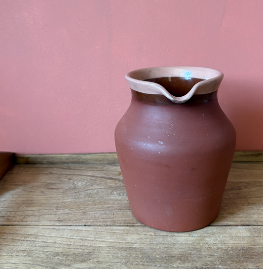 Dark Red Terracotta Jug with Salmon Pink Glazed Rim