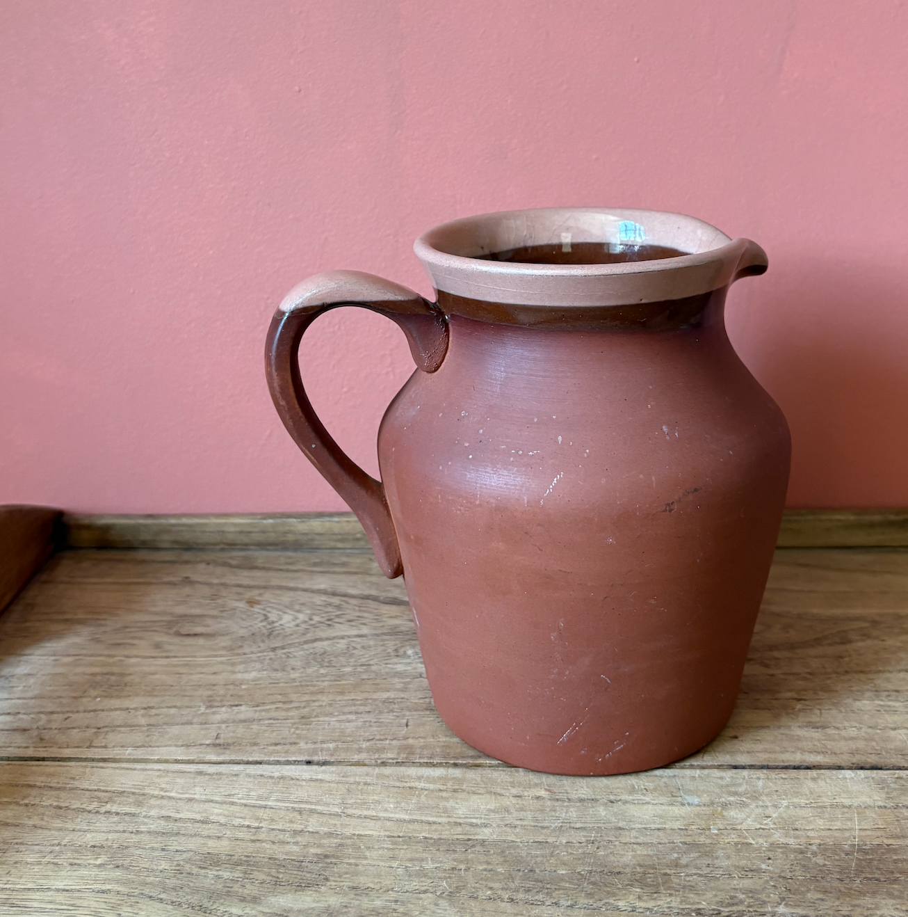 Dark Red Terracotta Jug with Salmon Pink Glazed Rim