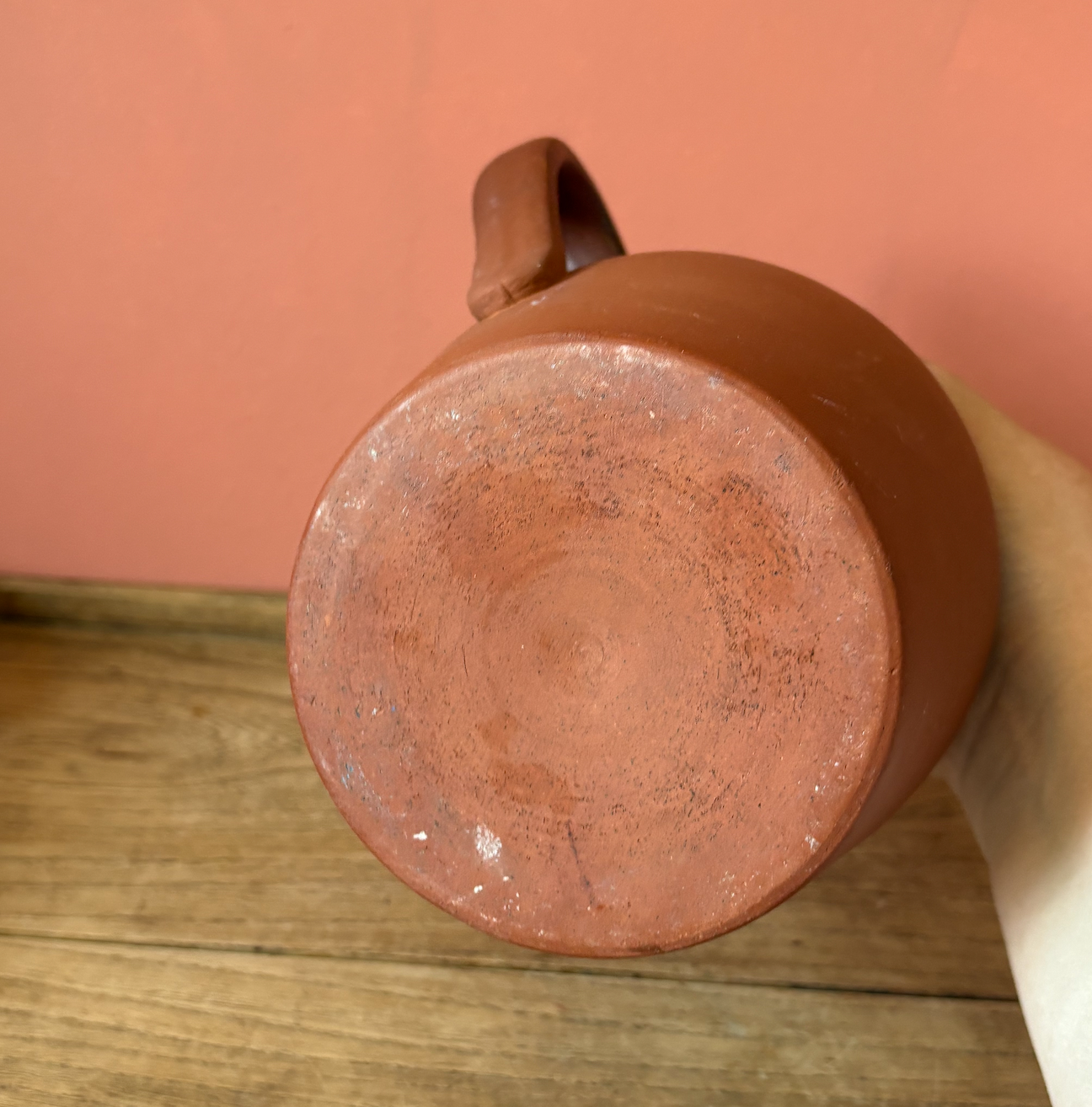 Dark Red Terracotta Jug with Salmon Pink Glazed Rim
