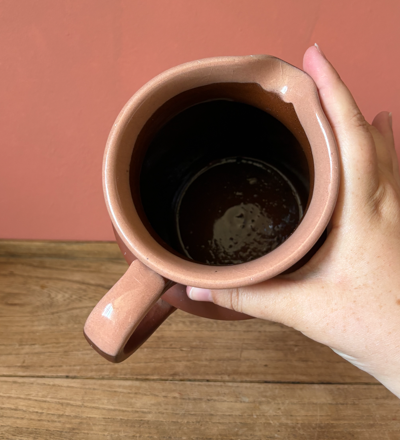 Dark Red Terracotta Jug with Salmon Pink Glazed Rim