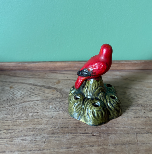 Japanese Red Bird Topped Flower Frog