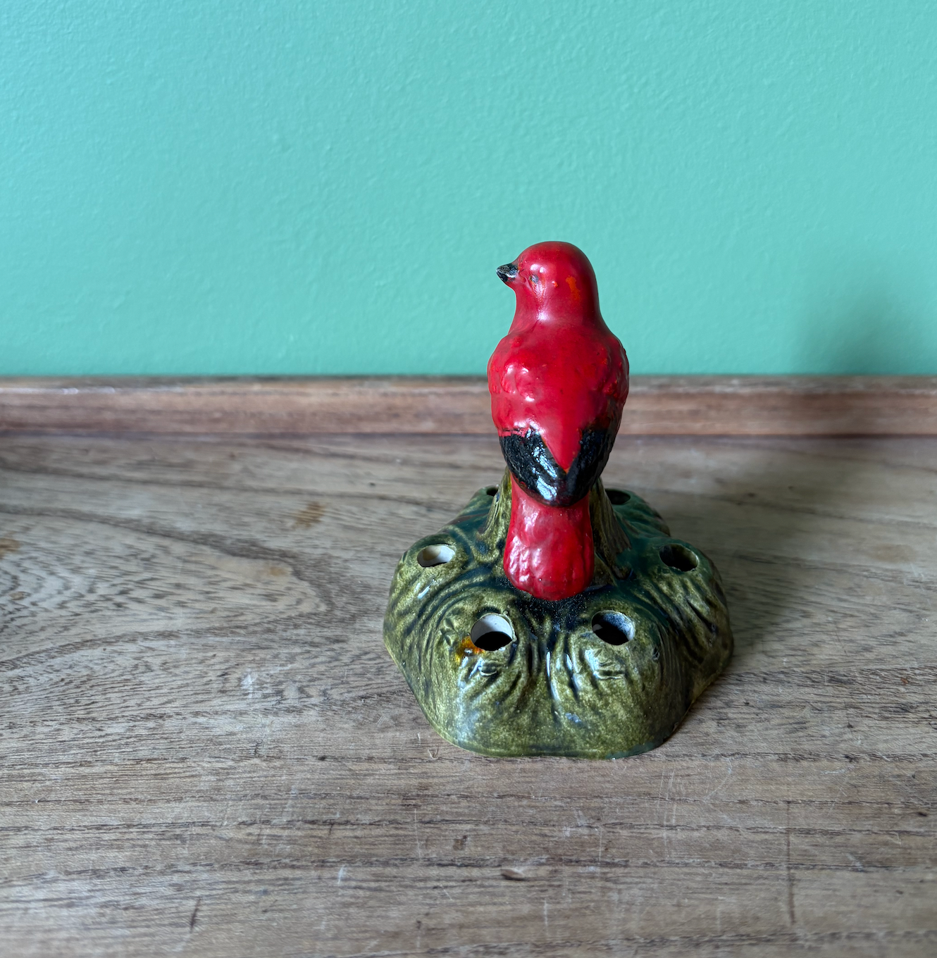 Japanese Red Bird Topped Flower Frog