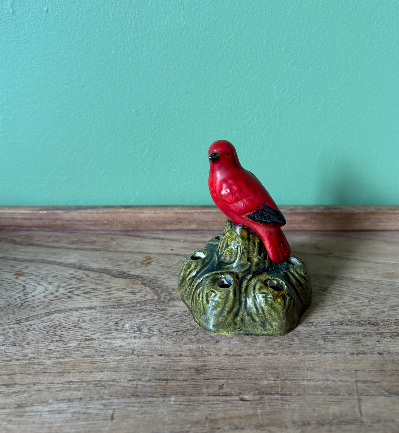Japanese Red Bird Topped Flower Frog