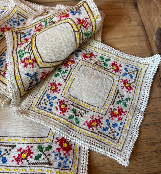 Set of 6 Embroidered Square Placemats and Matching Coasters