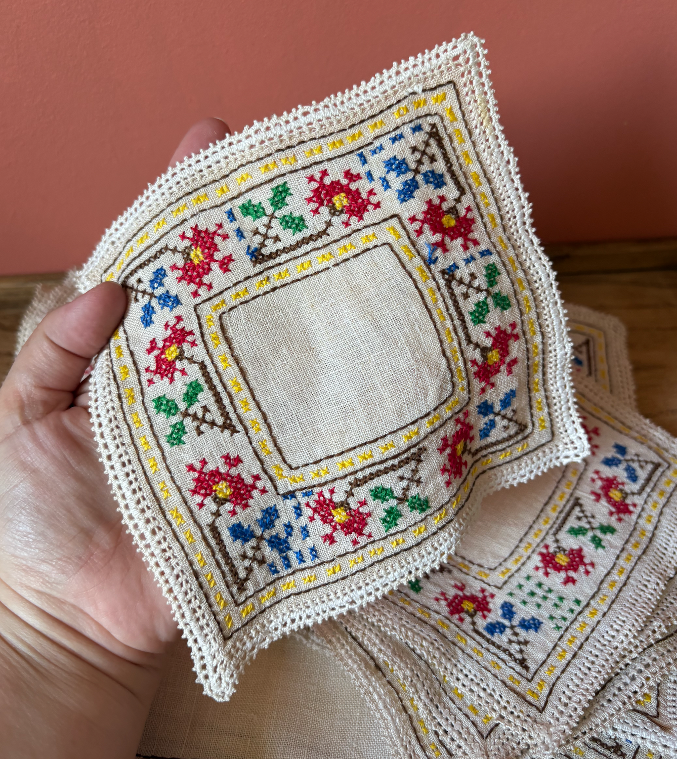 Set of 6 Embroidered Square Placemats and Matching Coasters