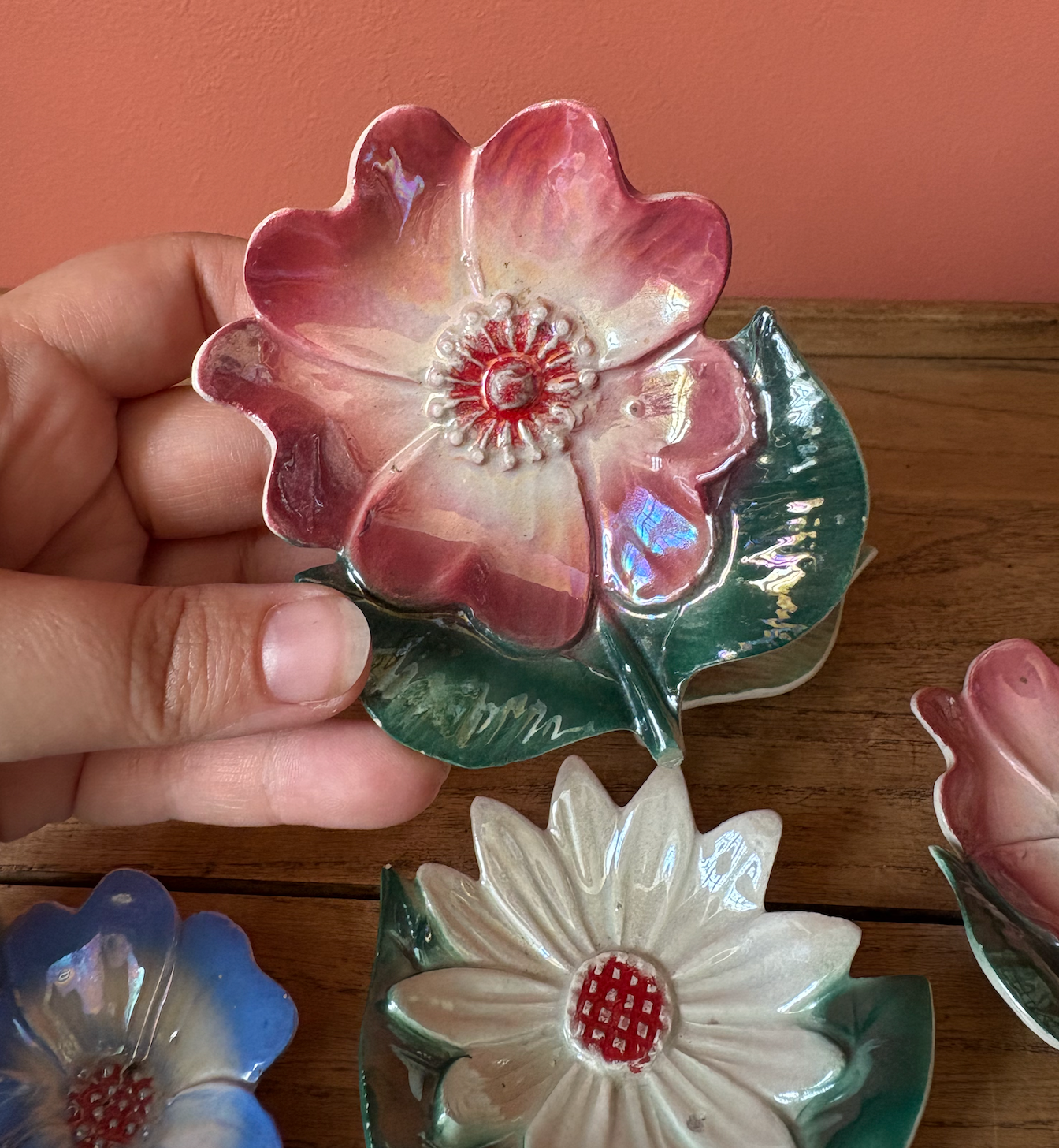 Italian Ceramic Iridescent Flower Trinket Dishes