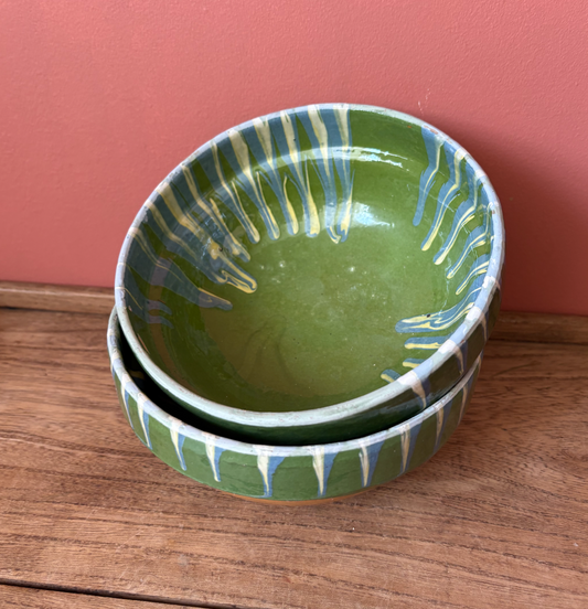Pair of Green Romanian Slipware Medium Bowls