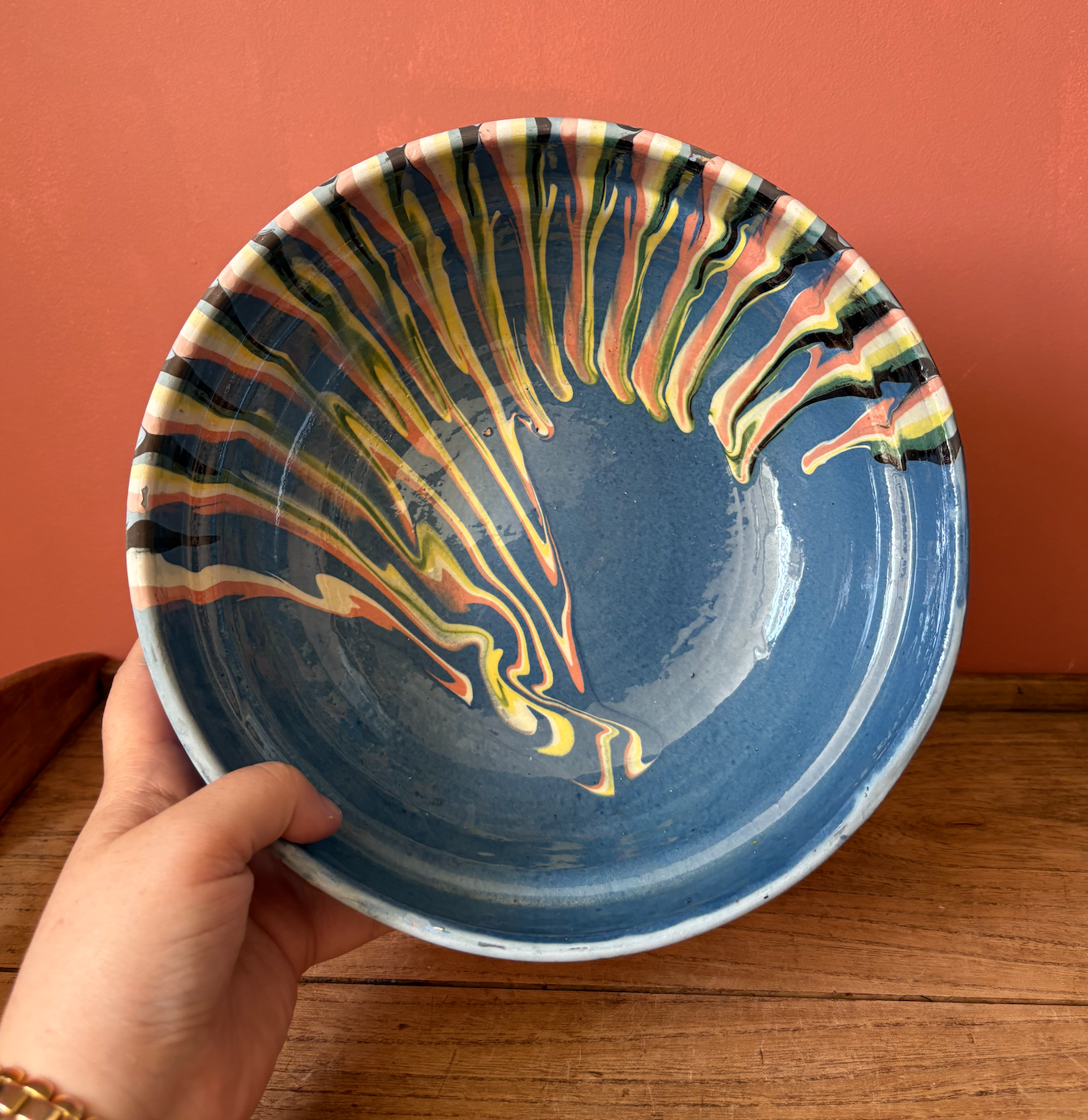 Large Blue Romanian Slipware Serving Bowl