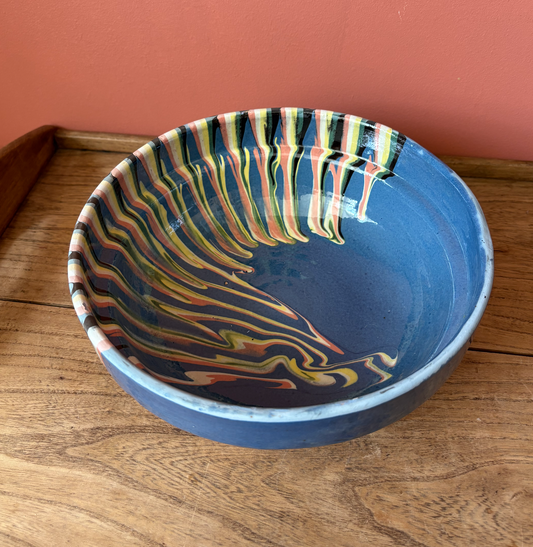 Large Blue Romanian Slipware Serving Bowl